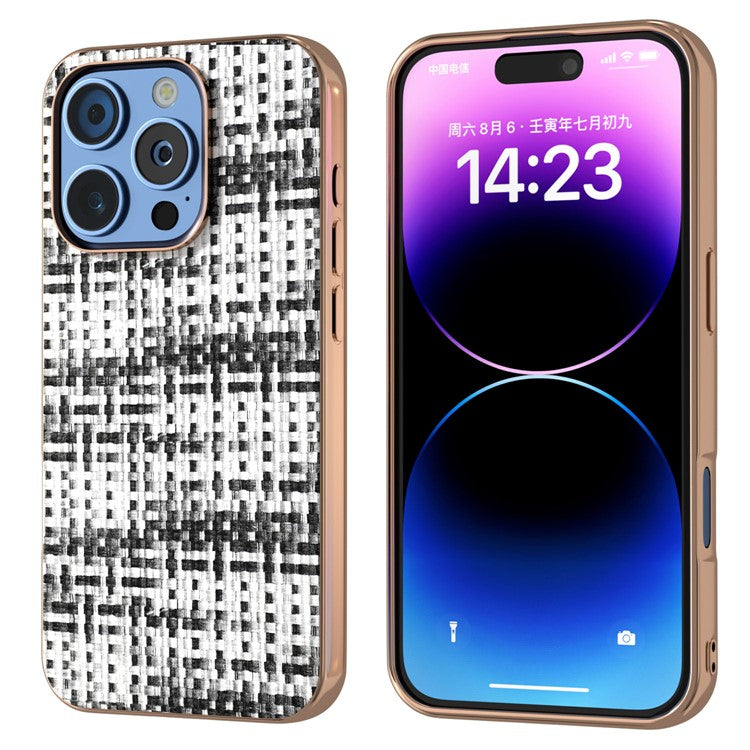 For iPhone 16 Pro Case Electroplating Edge Plaid Texture PU Leather+PC+TPU Phone Cover - Black+White