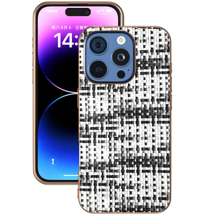For iPhone 16 Pro Case Electroplating Edge Plaid Texture PU Leather+PC+TPU Phone Cover - Black+White