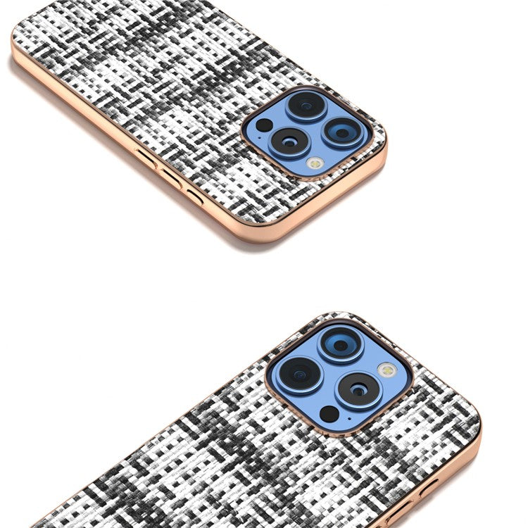 For iPhone 16 Pro Case Electroplating Edge Plaid Texture PU Leather+PC+TPU Phone Cover - Black+White