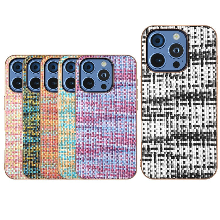 For iPhone 16 Pro Case Electroplating Edge Plaid Texture PU Leather+PC+TPU Phone Cover - Black+White