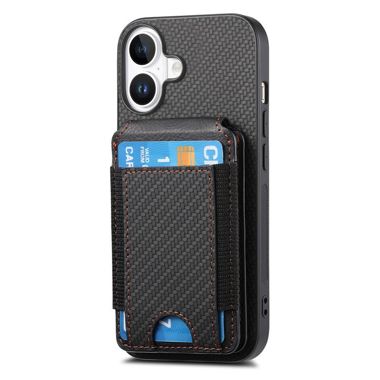 C1-12 For iPhone 16 Case Card Holder Leather+PC+TPU Kickstand Phone Cover - Black
