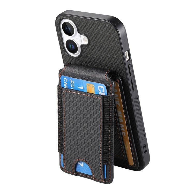 C1-12 For iPhone 16 Case Card Holder Leather+PC+TPU Kickstand Phone Cover - Black