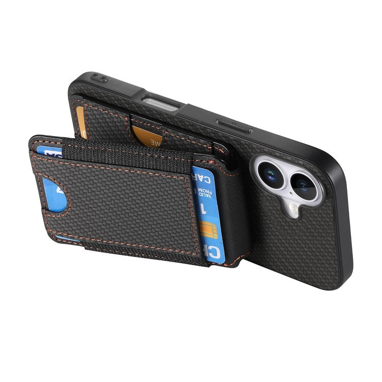 C1-12 For iPhone 16 Case Card Holder Leather+PC+TPU Kickstand Phone Cover - Black