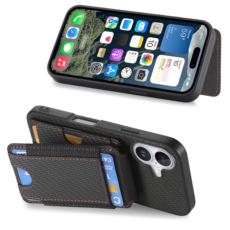 C1-12 For iPhone 16 Case Card Holder Leather+PC+TPU Kickstand Phone Cover - Black