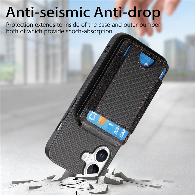 C1-12 For iPhone 16 Case Card Holder Leather+PC+TPU Kickstand Phone Cover - Black