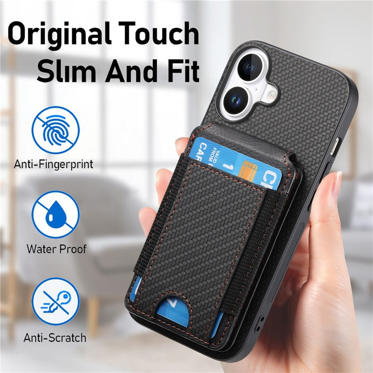 C1-12 For iPhone 16 Case Card Holder Leather+PC+TPU Kickstand Phone Cover - Black