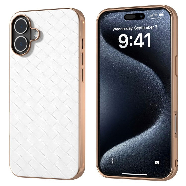 For iPhone 16 Plus Case Woven Texture Electroplating Edge Leather Coated PC+TPU Phone Cover - White