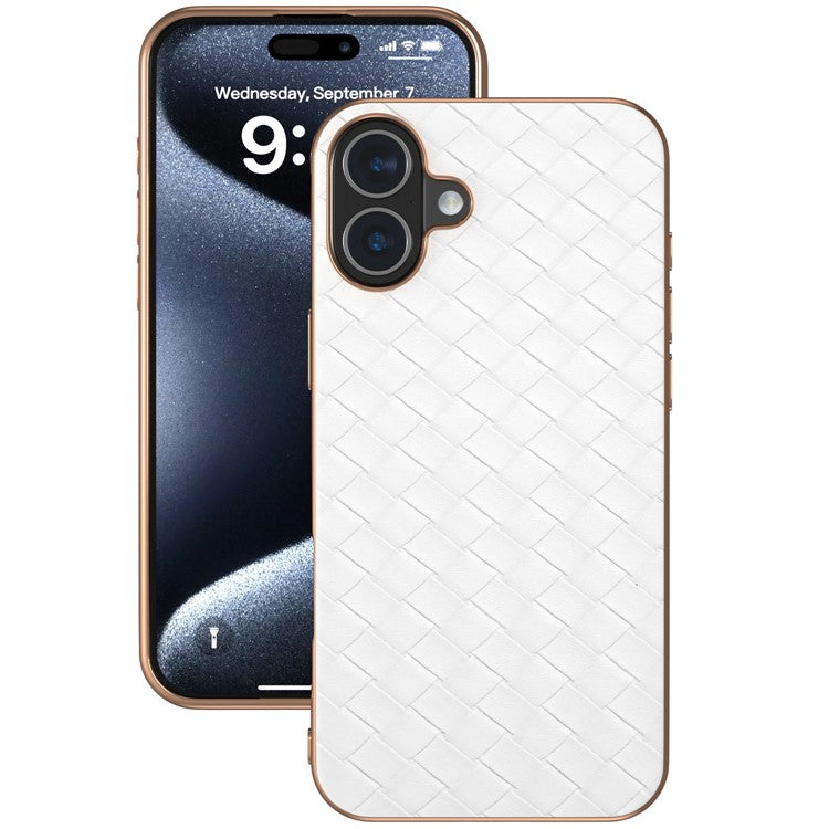 For iPhone 16 Plus Case Woven Texture Electroplating Edge Leather Coated PC+TPU Phone Cover - White