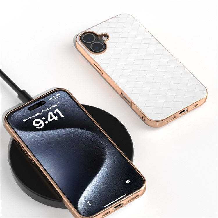 For iPhone 16 Plus Case Woven Texture Electroplating Edge Leather Coated PC+TPU Phone Cover - White