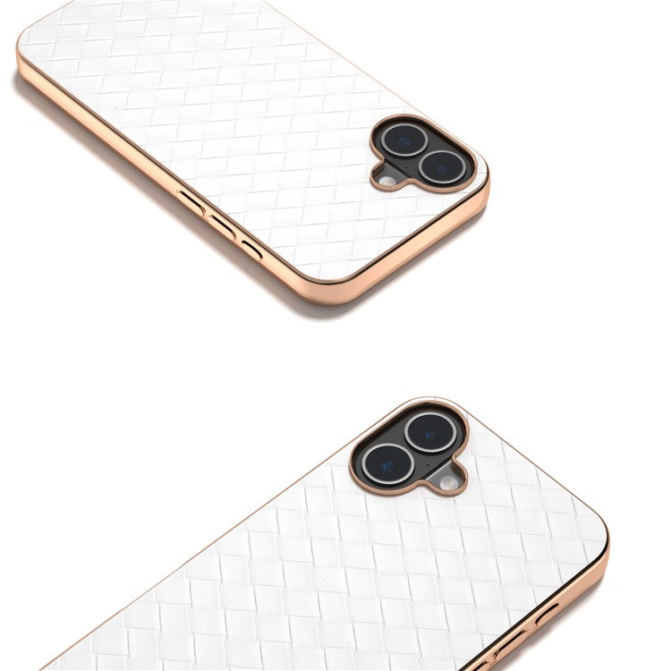 For iPhone 16 Plus Case Woven Texture Electroplating Edge Leather Coated PC+TPU Phone Cover - White