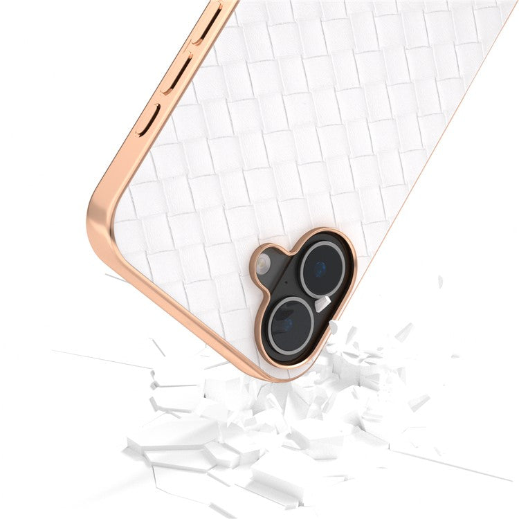 For iPhone 16 Plus Case Woven Texture Electroplating Edge Leather Coated PC+TPU Phone Cover - White