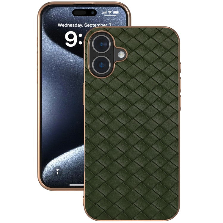 For iPhone 16 Plus Case Woven Texture Electroplating Edge Leather Coated PC+TPU Phone Cover - Green