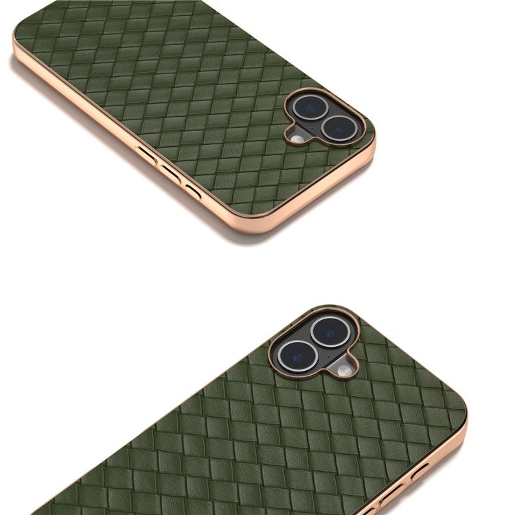 For iPhone 16 Plus Case Woven Texture Electroplating Edge Leather Coated PC+TPU Phone Cover - Green