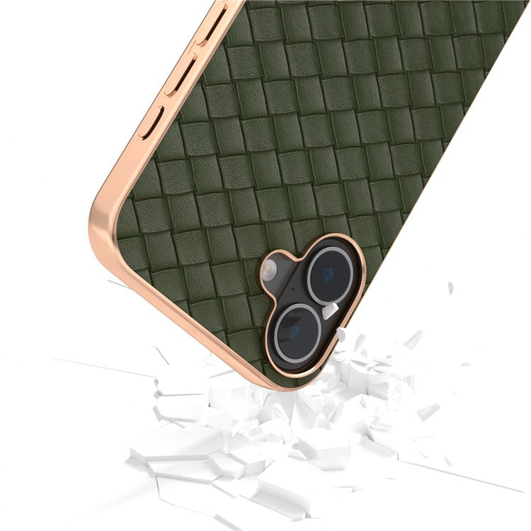 For iPhone 16 Plus Case Woven Texture Electroplating Edge Leather Coated PC+TPU Phone Cover - Green