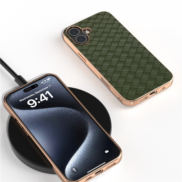 For iPhone 16 Plus Case Woven Texture Electroplating Edge Leather Coated PC+TPU Phone Cover - Green