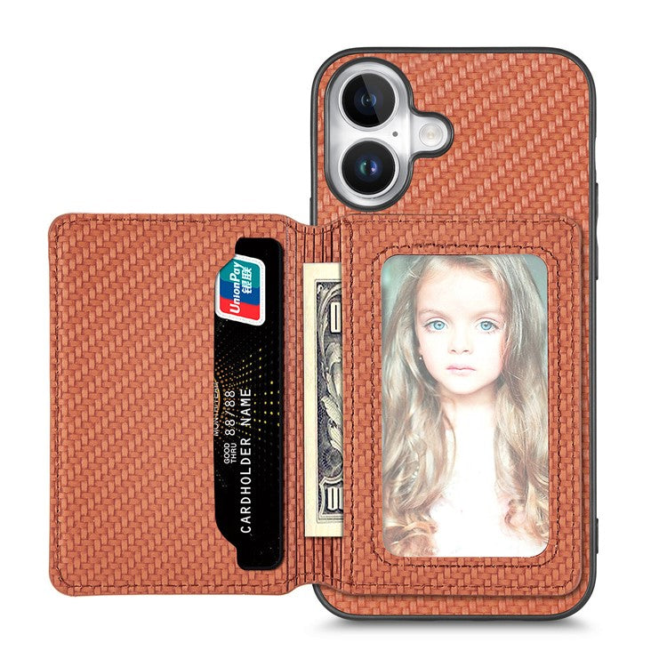 C1-02 For iPhone 16 Plus Case RFID Blocking Card Holder Carbon Fiber Leather+PC+TPU Phone Cover - Brown