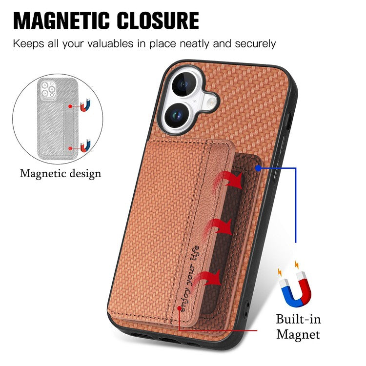 C1-02 For iPhone 16 Plus Case RFID Blocking Card Holder Carbon Fiber Leather+PC+TPU Phone Cover - Brown