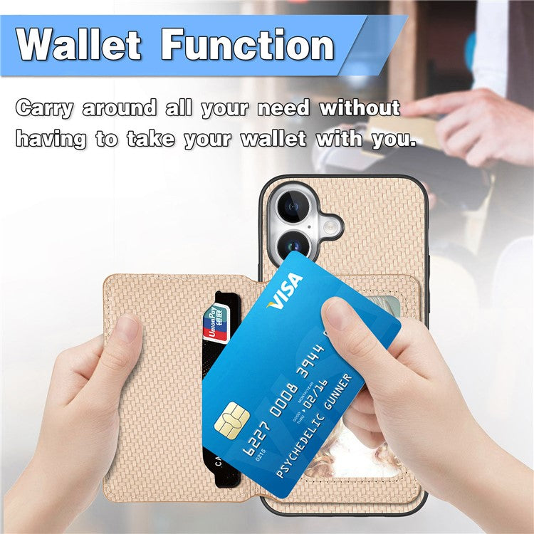 C1-02 For iPhone 16 Plus Case RFID Blocking Card Holder Carbon Fiber Leather+PC+TPU Phone Cover - Brown