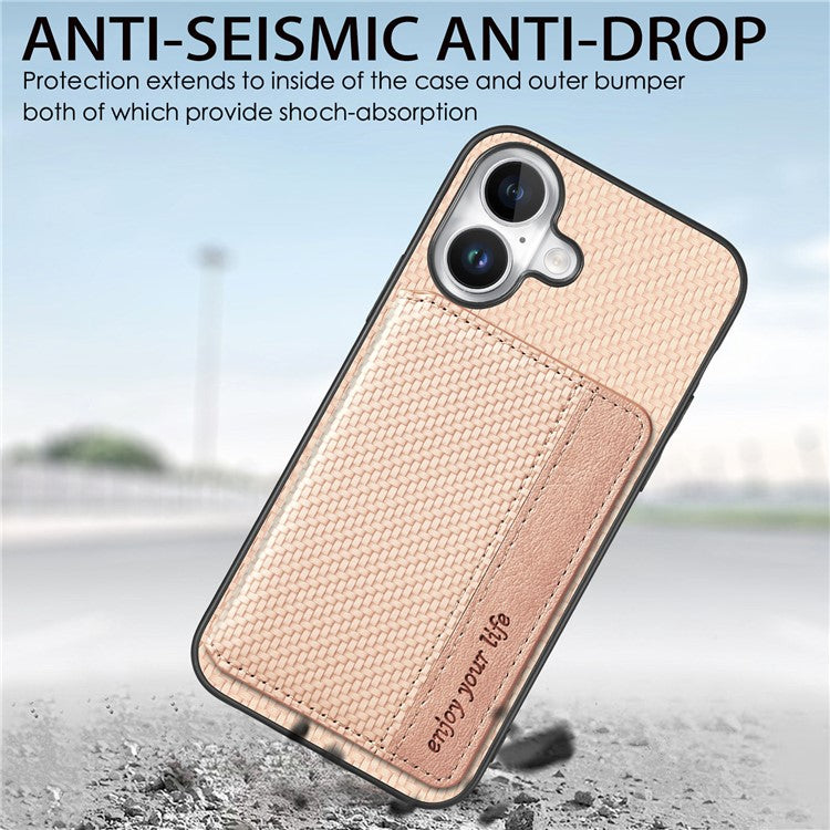 C1-02 For iPhone 16 Plus Case RFID Blocking Card Holder Carbon Fiber Leather+PC+TPU Phone Cover - Brown