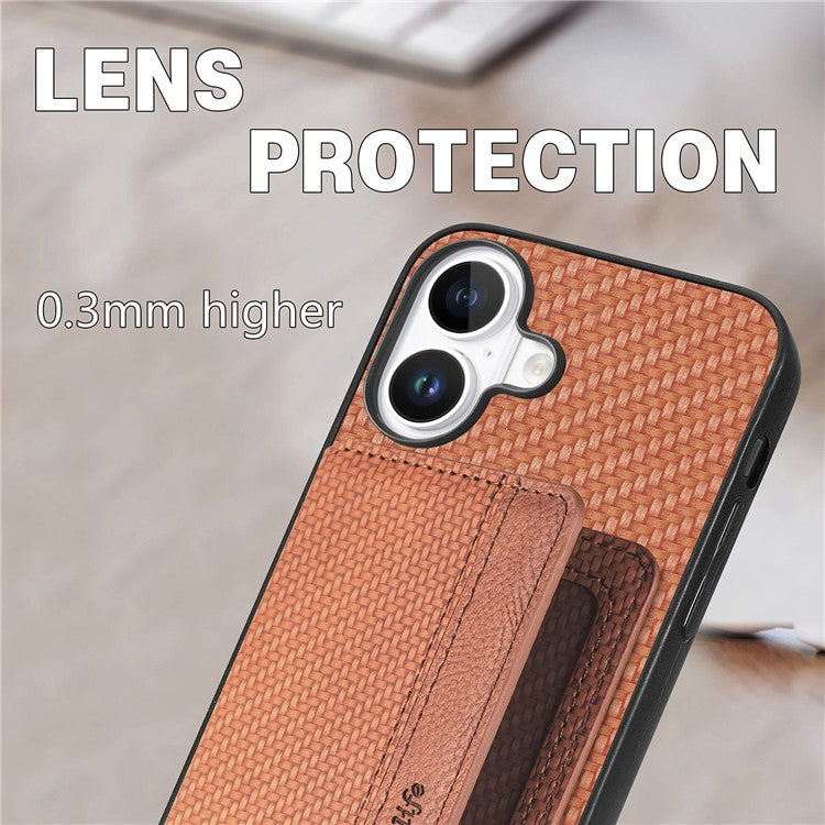 C1-02 For iPhone 16 Plus Case RFID Blocking Card Holder Carbon Fiber Leather+PC+TPU Phone Cover - Brown