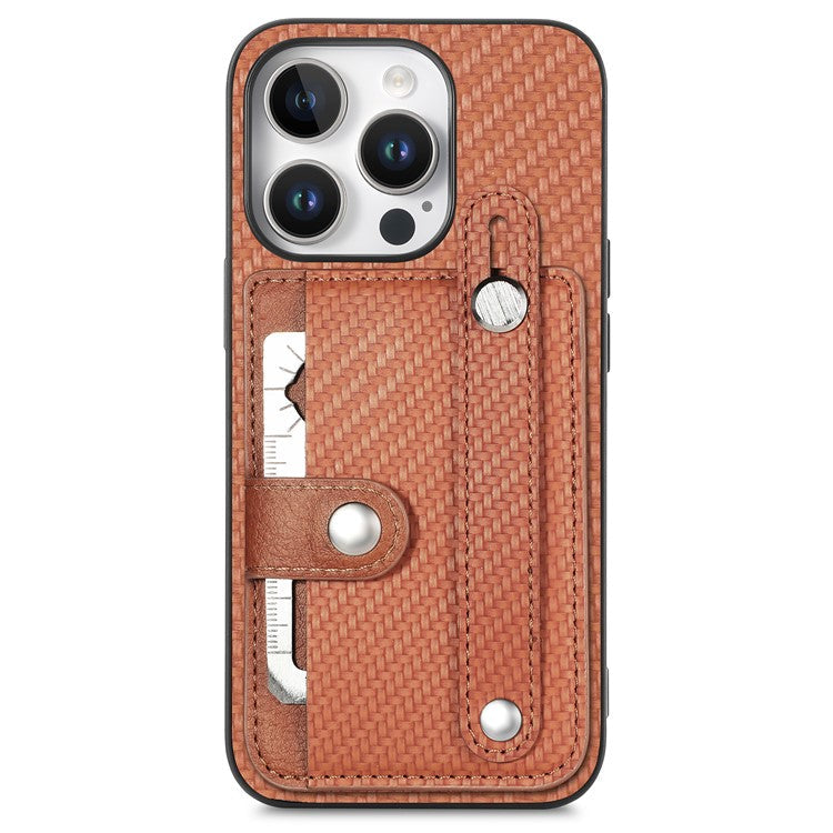 C1-01 For iPhone 16 Pro Case Wristband Anti-Drop Leather Back Cover with Card Holder, Card Knife - Brown