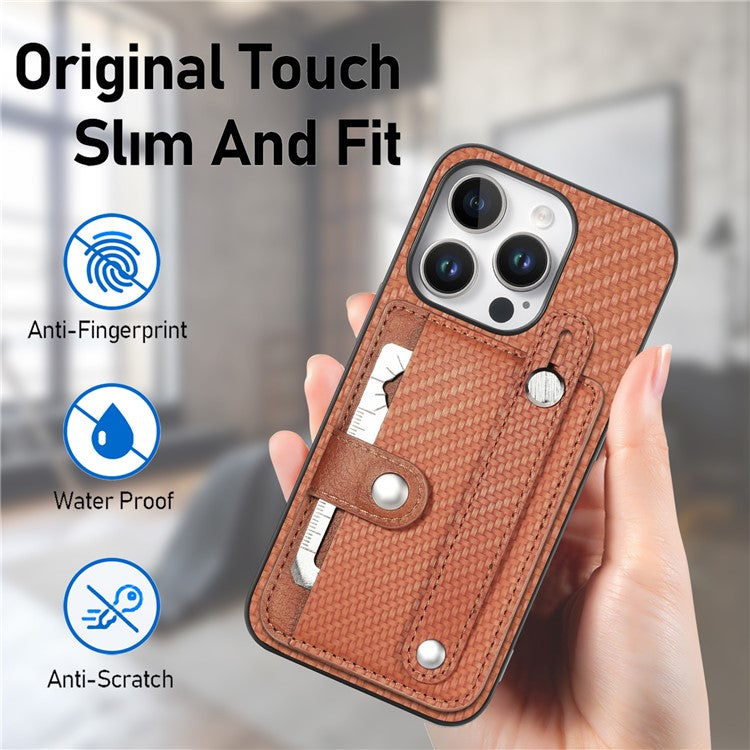 C1-01 For iPhone 16 Pro Case Wristband Anti-Drop Leather Back Cover with Card Holder, Card Knife - Brown
