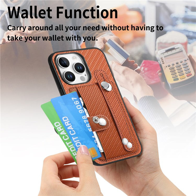C1-01 For iPhone 16 Pro Case Wristband Anti-Drop Leather Back Cover with Card Holder, Card Knife - Brown
