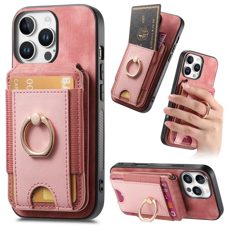 D14 For iPhone 16 Pro Case with Detachable Card Holder Kickstand Leather Back Cover - Pink