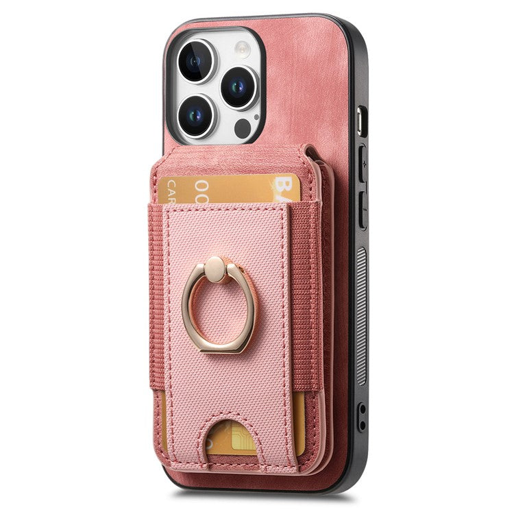 D14 For iPhone 16 Pro Case with Detachable Card Holder Kickstand Leather Back Cover - Pink