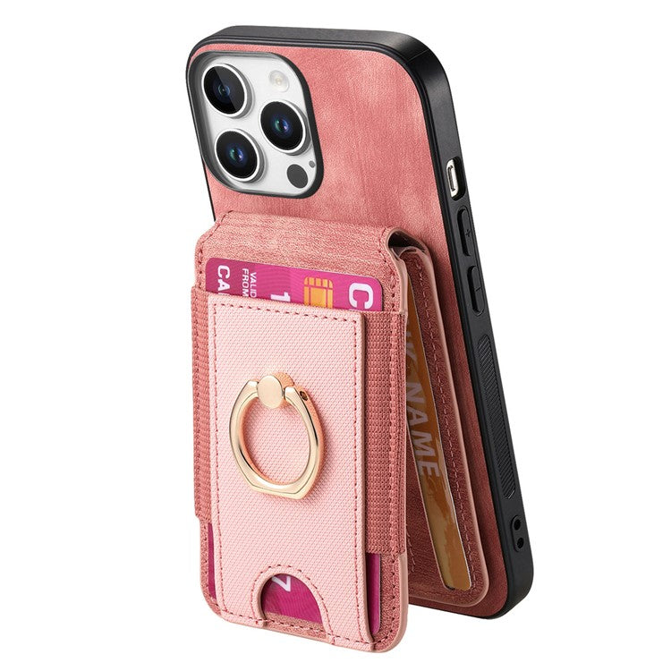 D14 For iPhone 16 Pro Case with Detachable Card Holder Kickstand Leather Back Cover - Pink