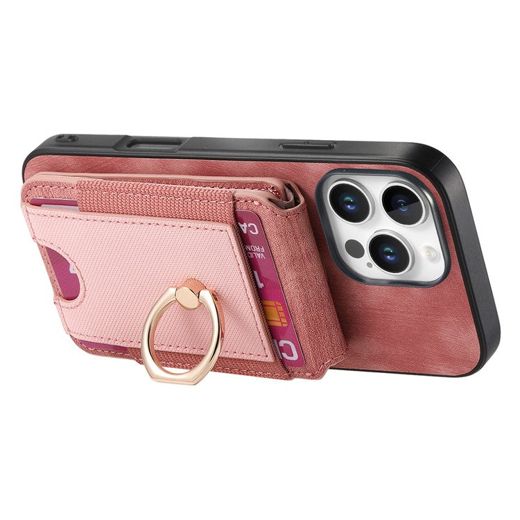 D14 For iPhone 16 Pro Case with Detachable Card Holder Kickstand Leather Back Cover - Pink