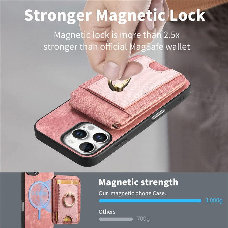 D14 For iPhone 16 Pro Case with Detachable Card Holder Kickstand Leather Back Cover - Pink
