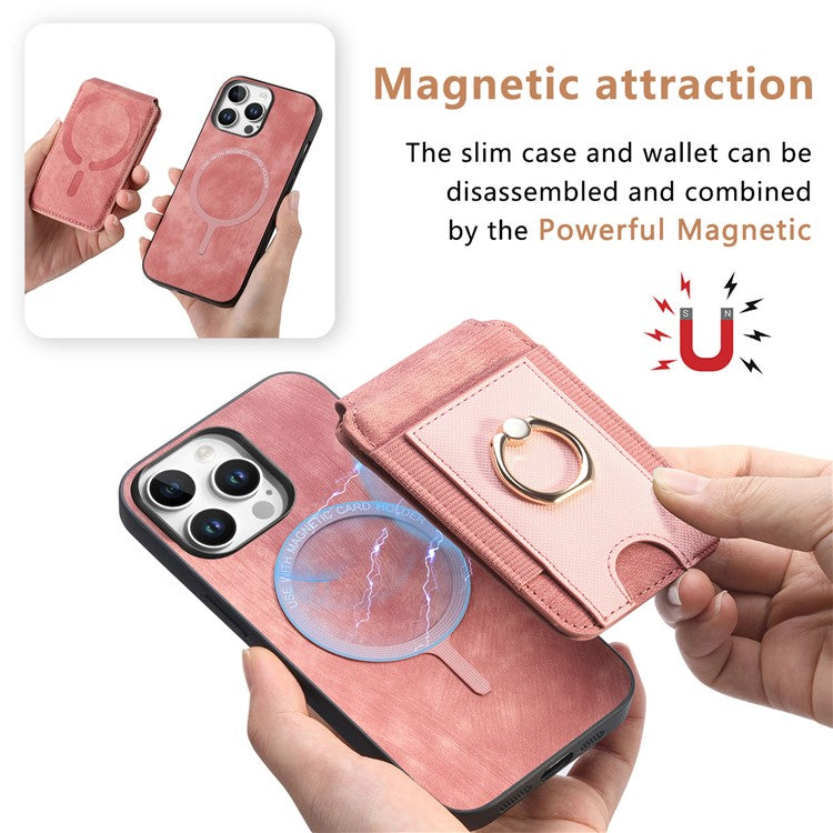 D14 For iPhone 16 Pro Case with Detachable Card Holder Kickstand Leather Back Cover - Pink