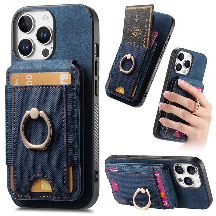 D14 For iPhone 16 Pro Case with Detachable Card Holder Kickstand Leather Back Cover - Blue