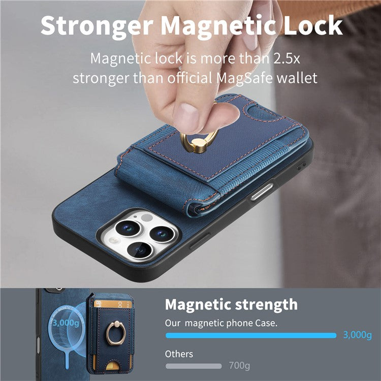 D14 For iPhone 16 Pro Case with Detachable Card Holder Kickstand Leather Back Cover - Blue