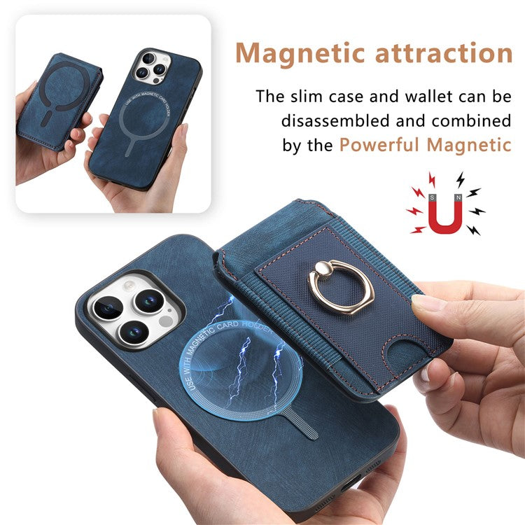 D14 For iPhone 16 Pro Case with Detachable Card Holder Kickstand Leather Back Cover - Blue