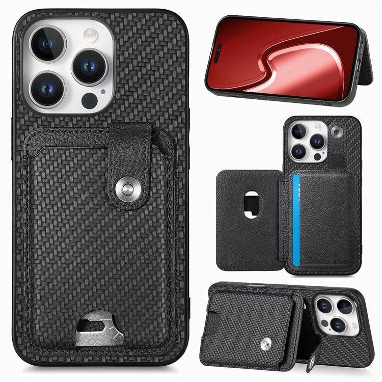 Style B C1-06 For iPhone 16 Pro Case Card Holder Leather+PC+TPU Phone Cover with Card Knife - Black