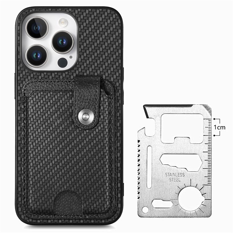 Style B C1-06 For iPhone 16 Pro Case Card Holder Leather+PC+TPU Phone Cover with Card Knife - Black