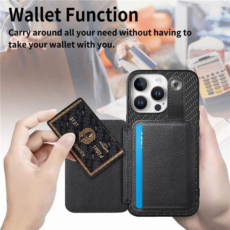 Style B C1-06 For iPhone 16 Pro Case Card Holder Leather+PC+TPU Phone Cover with Card Knife - Black