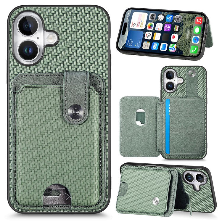 Style B C1-06 For iPhone 16 Plus Case Card Holder Leather+PC+TPU Phone Cover with Card Knife - Green