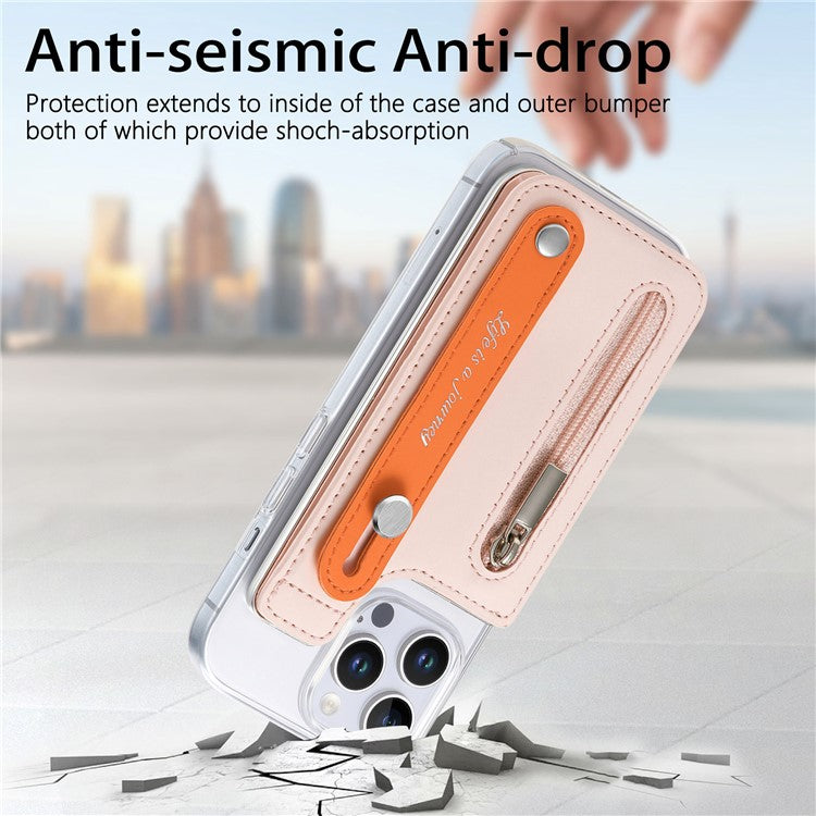 CY2 For iPhone 16 Pro Case Wristband Leather+PC Zipper Pocket Phone Cover RFID Blocking - Pink