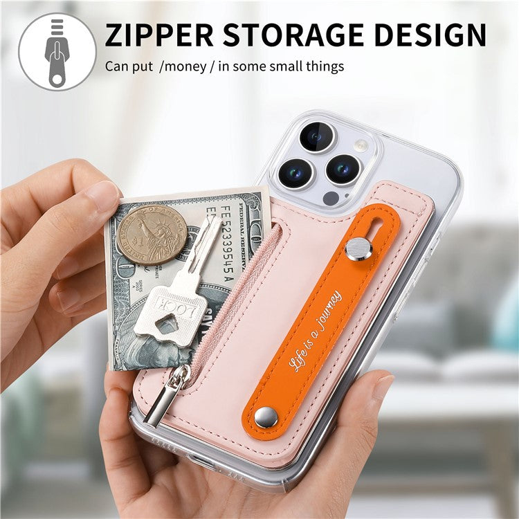 CY2 For iPhone 16 Pro Case Wristband Leather+PC Zipper Pocket Phone Cover RFID Blocking - Pink