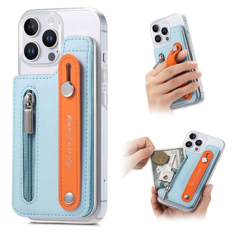 CY2 For iPhone 16 Pro Case Wristband Leather+PC Zipper Pocket Phone Cover RFID Blocking - Sky Blue