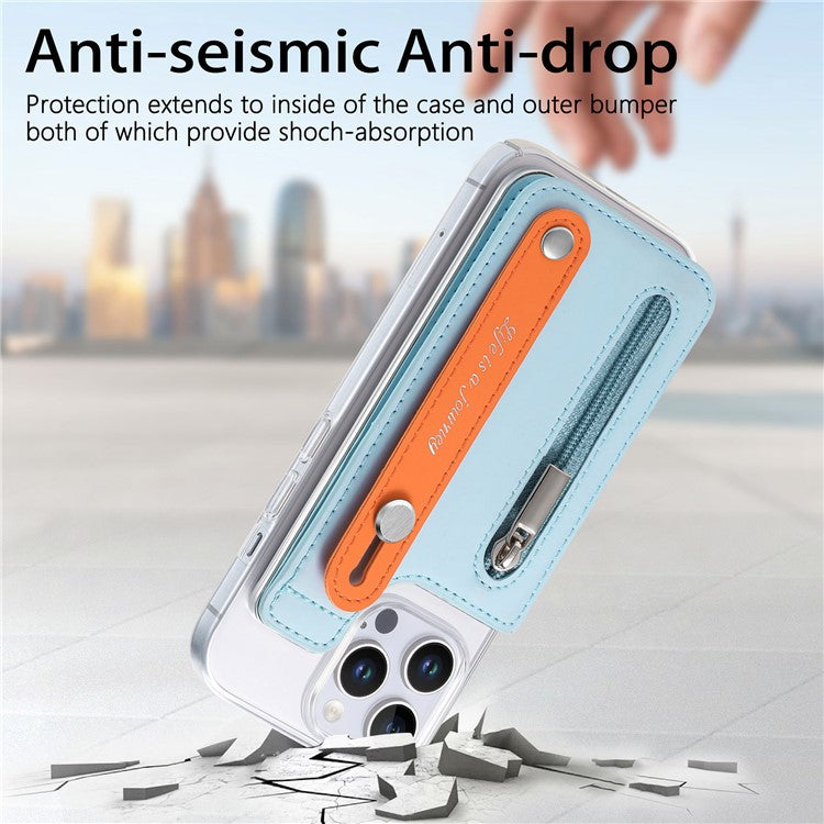 CY2 For iPhone 16 Pro Case Wristband Leather+PC Zipper Pocket Phone Cover RFID Blocking - Sky Blue