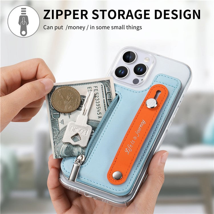 CY2 For iPhone 16 Pro Case Wristband Leather+PC Zipper Pocket Phone Cover RFID Blocking - Sky Blue