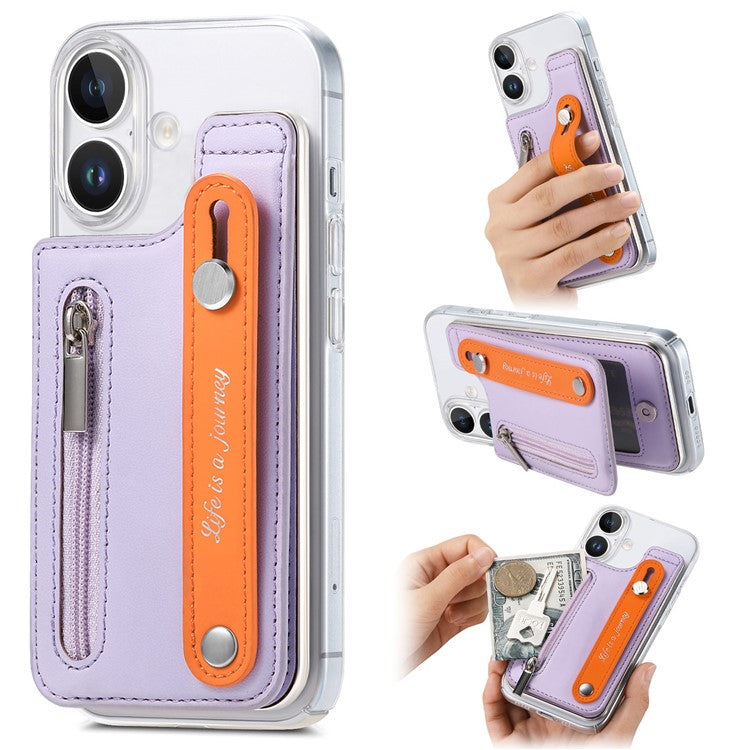 CY2 For iPhone 16 Case Wristband Leather+PC Zipper Pocket Phone Cover RFID Blocking - Purple
