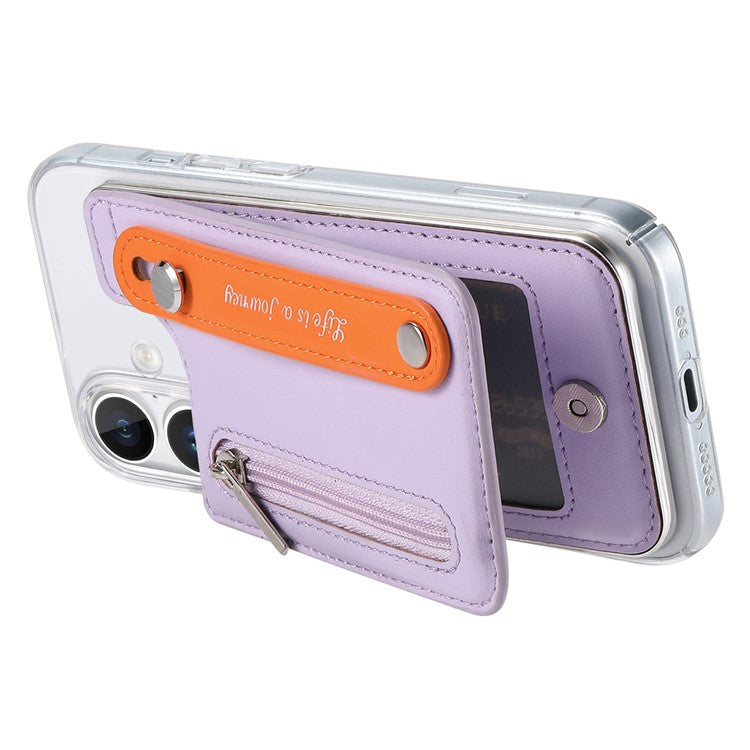 CY2 For iPhone 16 Case Wristband Leather+PC Zipper Pocket Phone Cover RFID Blocking - Purple
