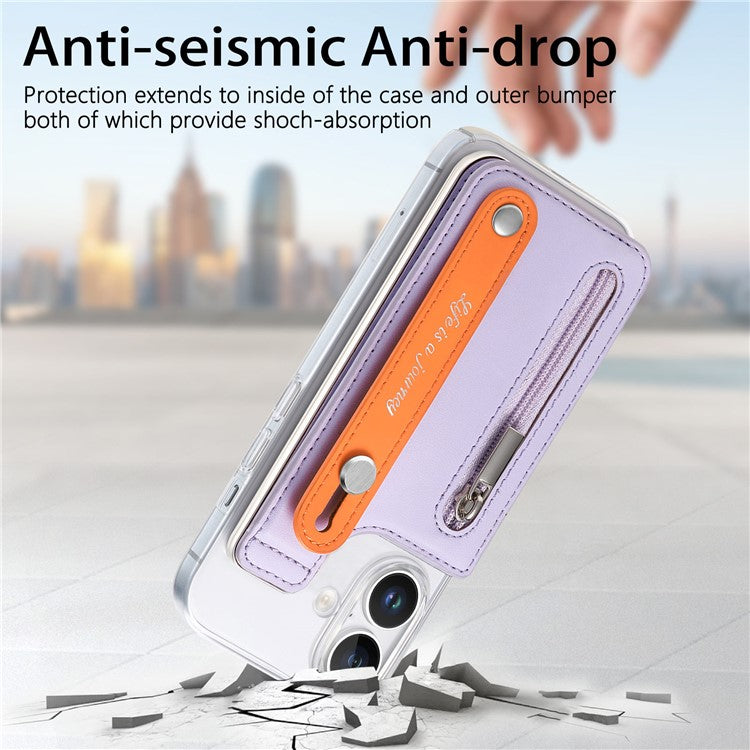 CY2 For iPhone 16 Case Wristband Leather+PC Zipper Pocket Phone Cover RFID Blocking - Purple