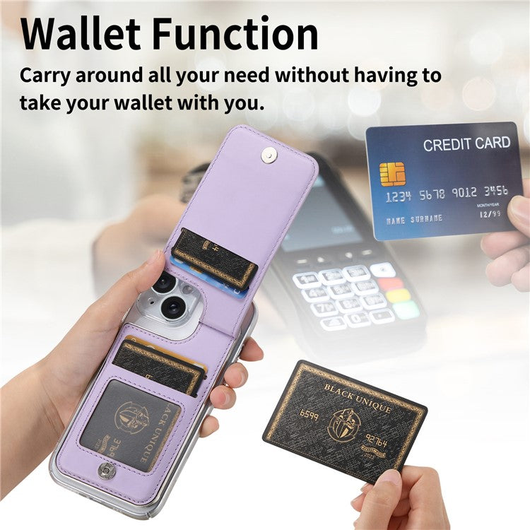 CY2 For iPhone 16 Case Wristband Leather+PC Zipper Pocket Phone Cover RFID Blocking - Purple