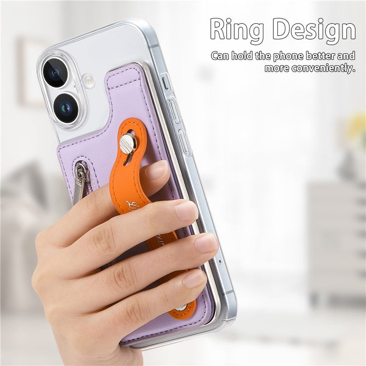 CY2 For iPhone 16 Case Wristband Leather+PC Zipper Pocket Phone Cover RFID Blocking - Purple